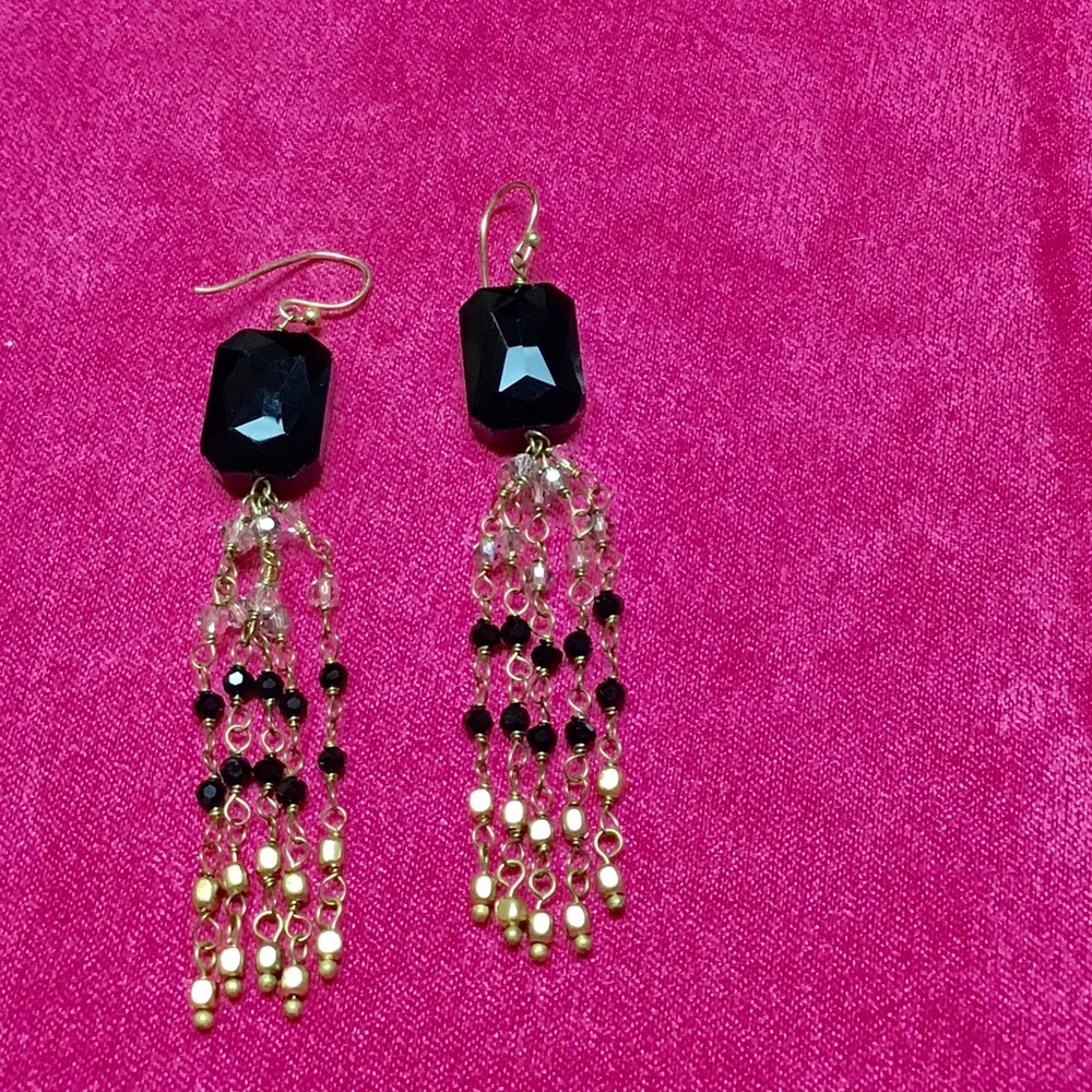 Earrings dangle wires gold with black stones very feminine look antique …